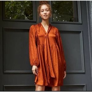 NWT A new day dress Size M Burnt Orange baby doll long sleeve with neck tie